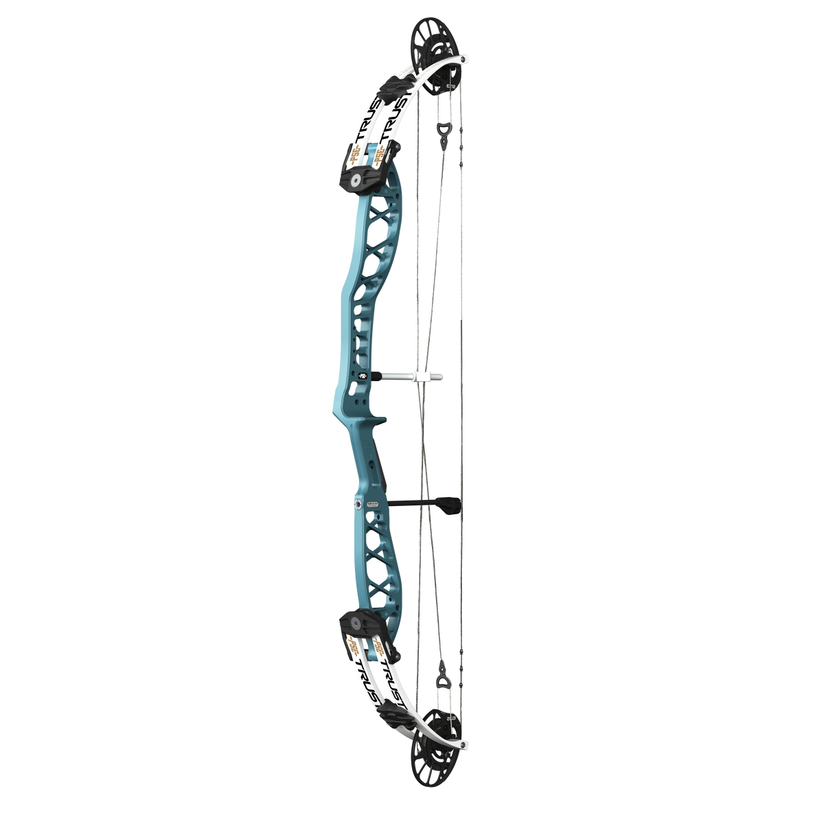 PSE Supra X Trust 40 EM2 target compound bow, Aztec Teal riser, 45-degree view