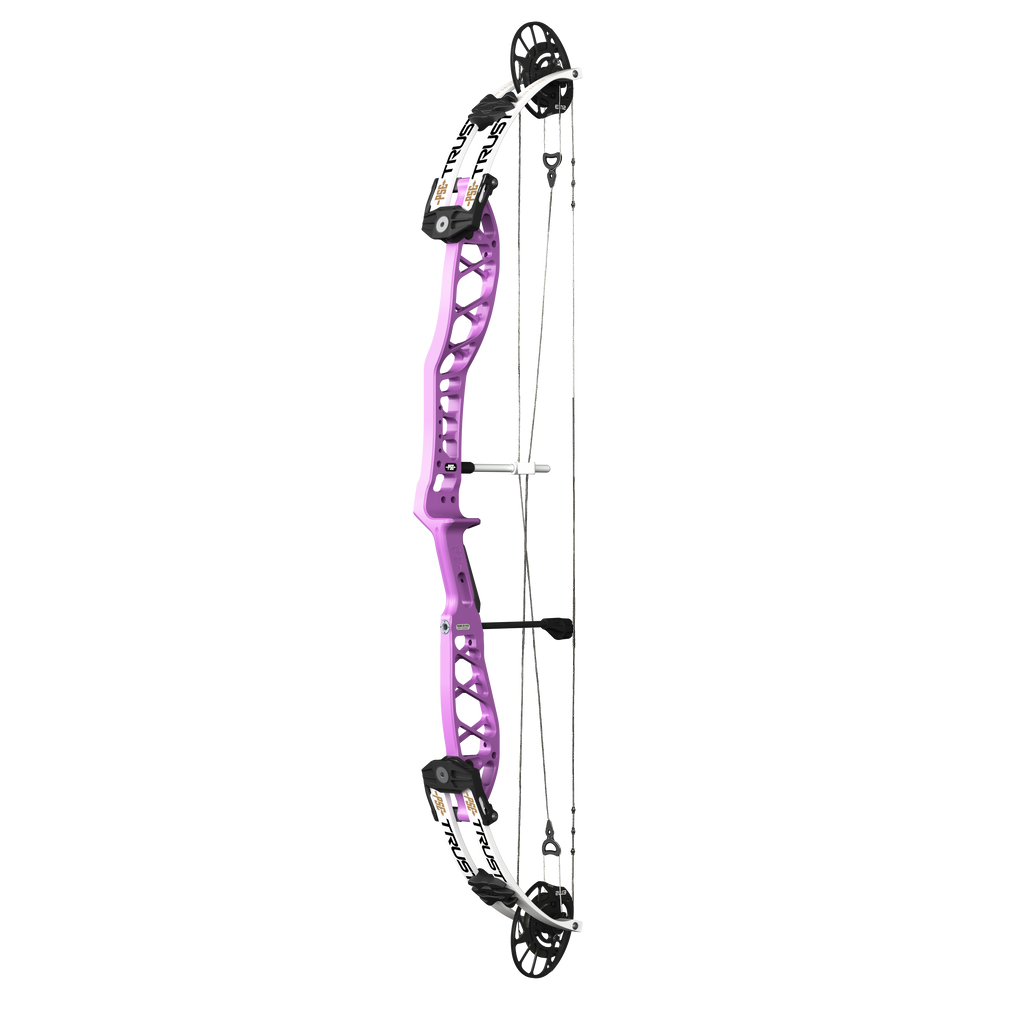 PSE Supra X Trust 40 EM2 target compound bow, Purplexed riser, 45-degree view