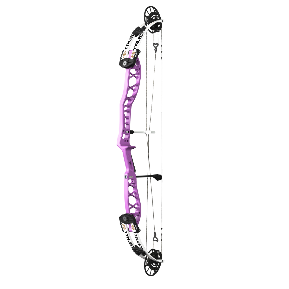 PSE Supra X Trust 40 EM2 target compound bow, Purplexed riser, 45-degree view