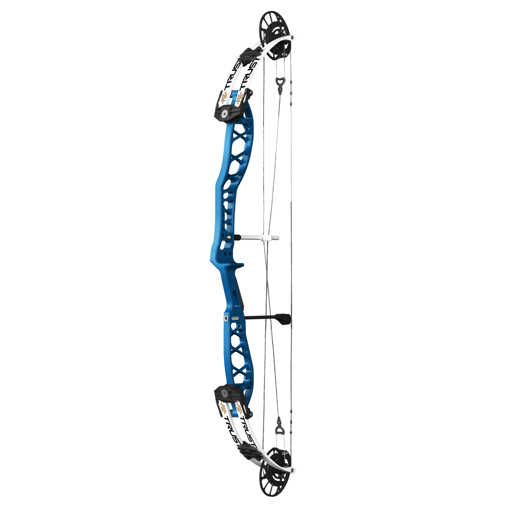 PSE Supra X Trust 40 EM2 target compound bow, Ridgeway Blue riser, 45-degree view