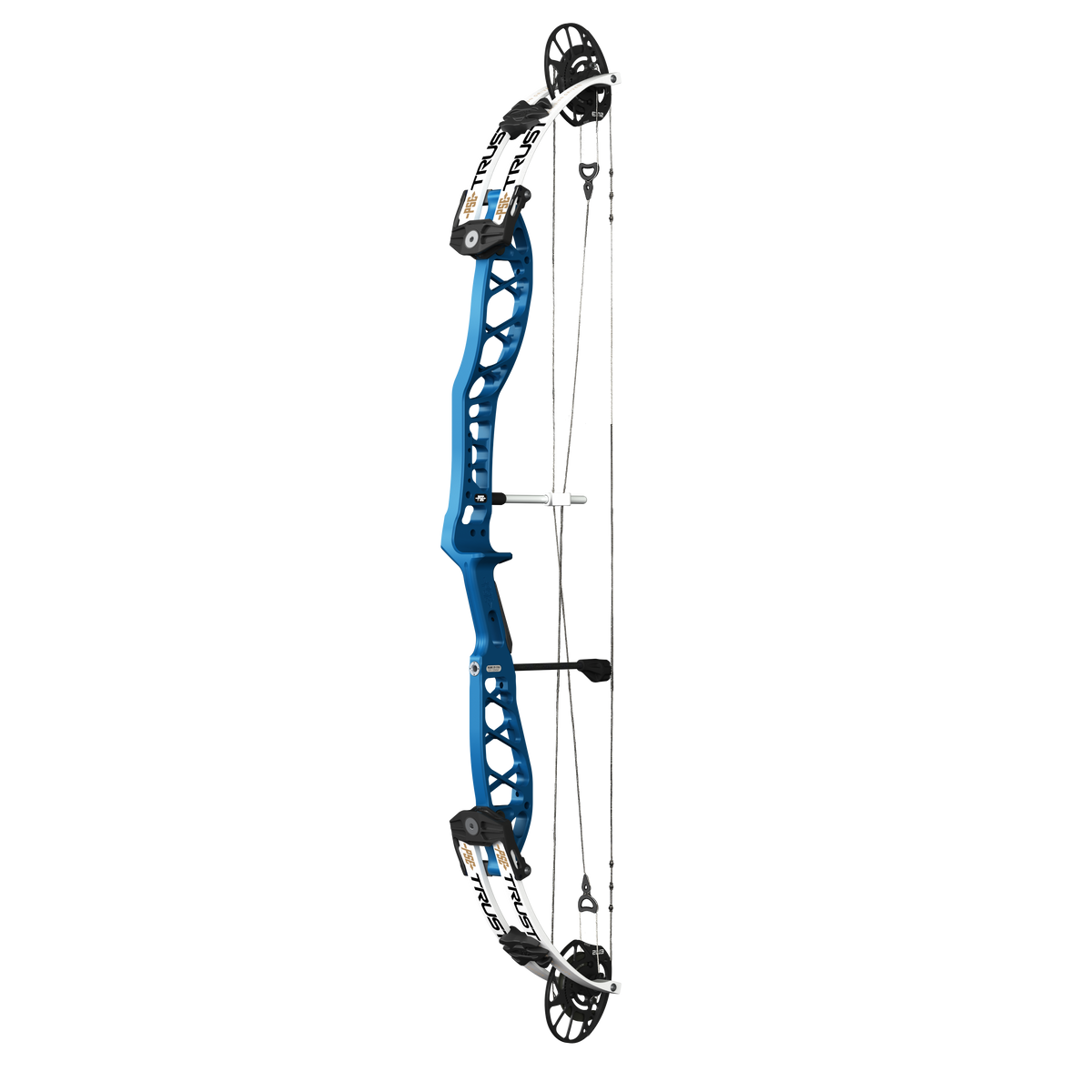 PSE Supra X Trust 40 EM2 target compound bow, Ridgeway Blue riser, 45-degree view