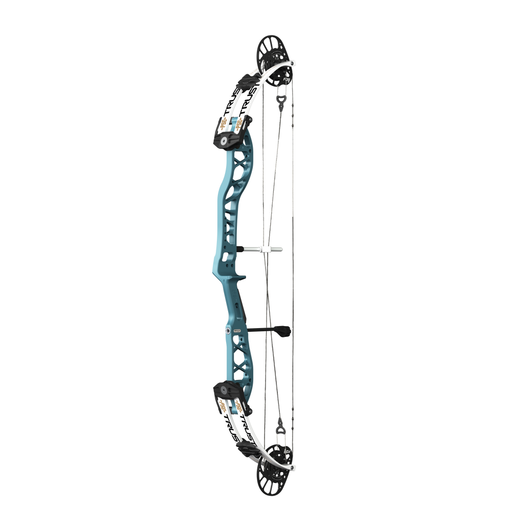 PSE Supra X Trust 37 FDSM target compound bow, Aztec Teal riser, 45-degree view