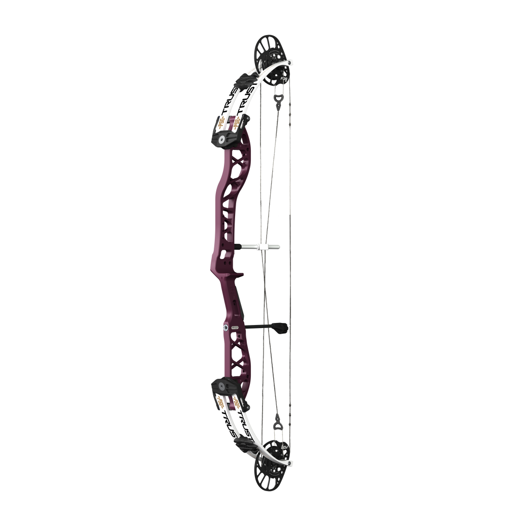 PSE Supra X Trust 37 FDSM target compound bow, Black Cherry riser, 45-degree view