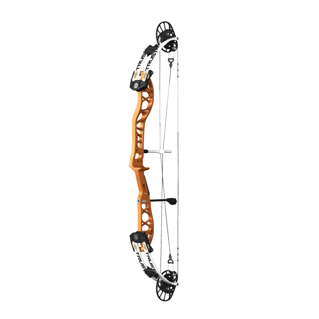 PSE Supra X Trust 37 FDSM target compound bow, Tequila Sunrise riser, 45-degree view