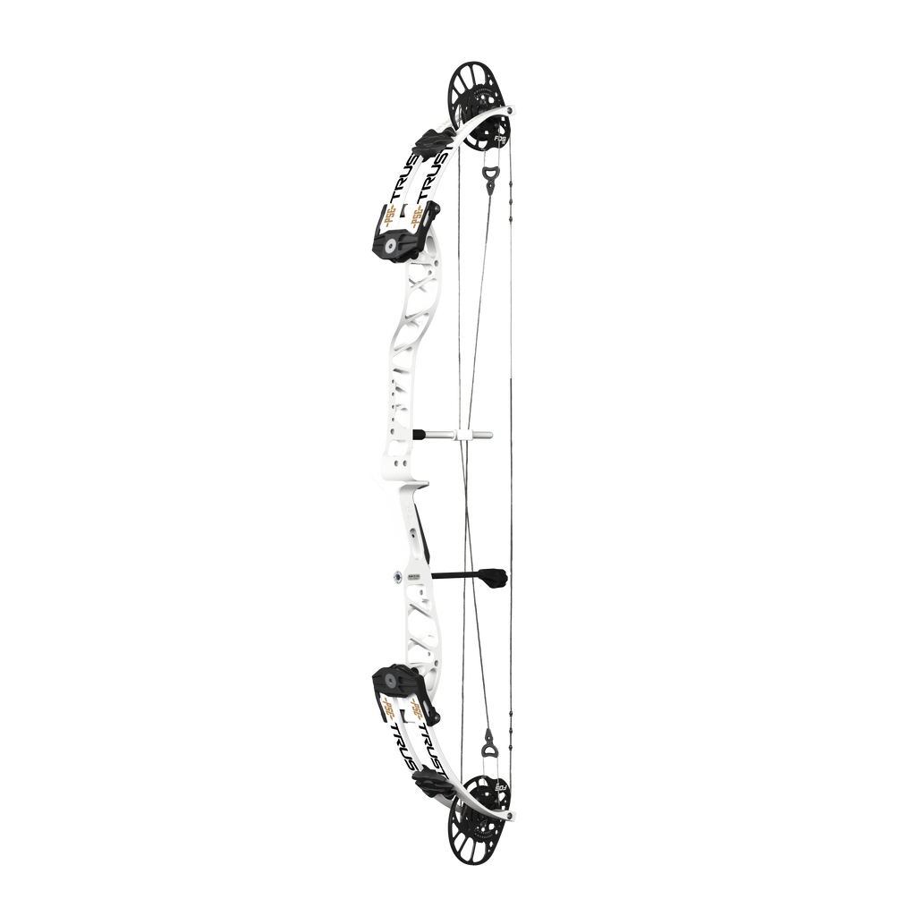PSE Supra X Trust 37 FDSM target compound bow, White riser, 45-degree view