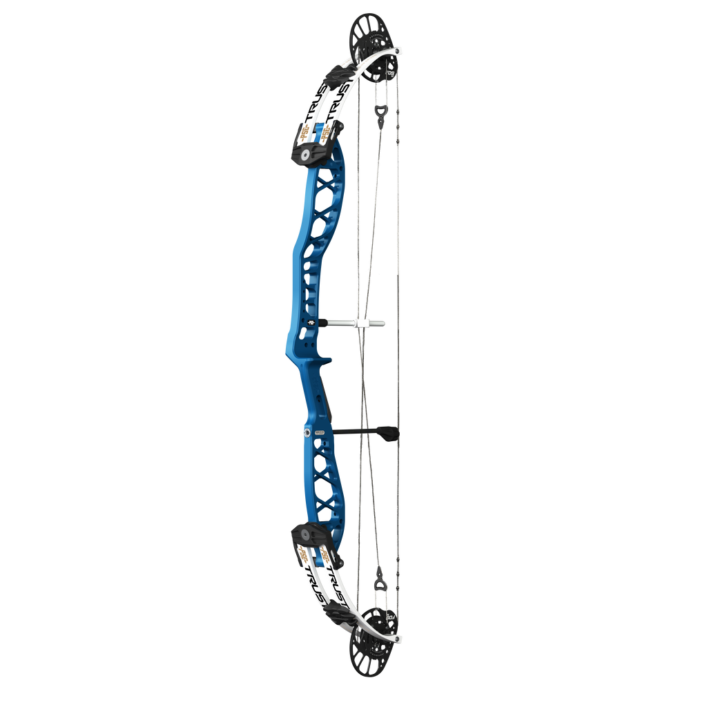 PSE Supra X Trust 40 FDSM target compound bow, Ridgeway Blue riser, 45-degree view
