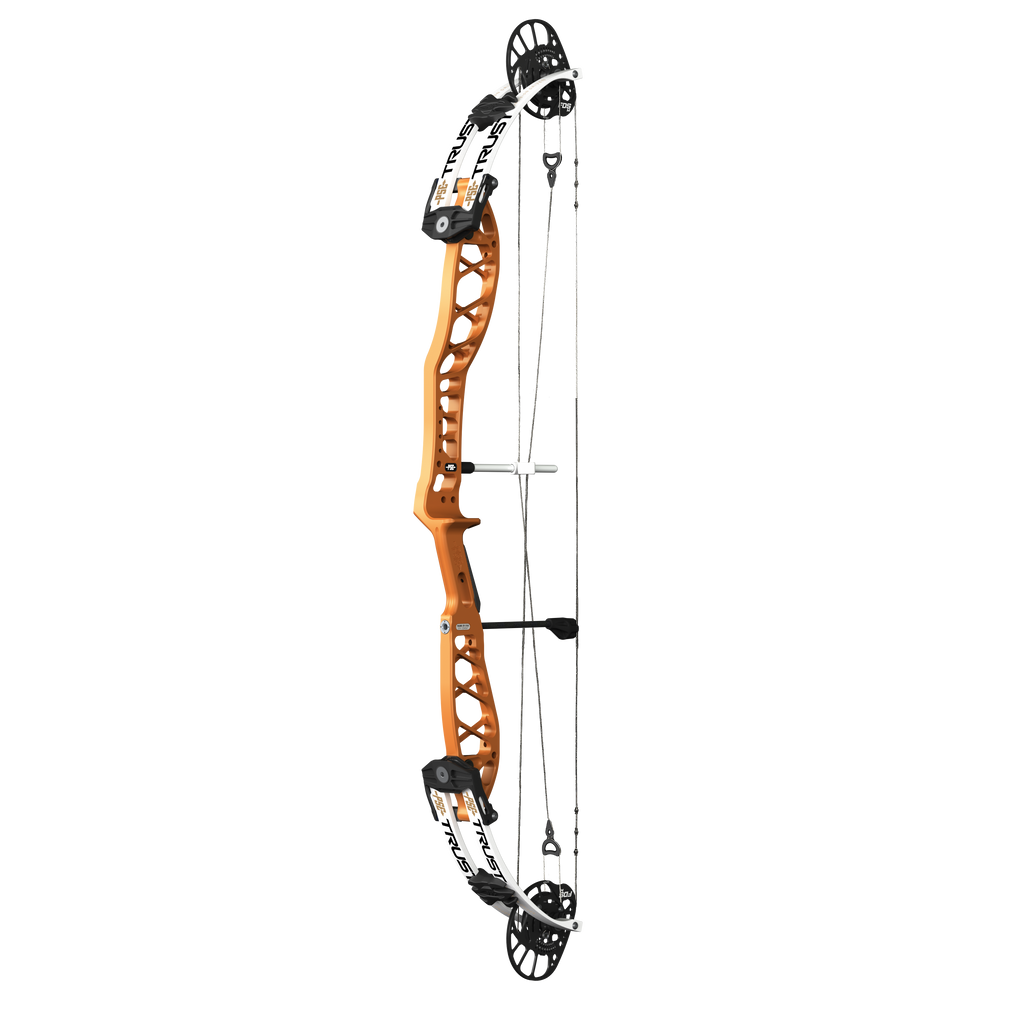 PSE Supra X Trust 40 FDSM target compound bow, Tequila Sunrise riser, 45-degree view
