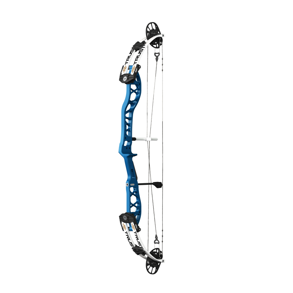 PSE Supra X Trust 37 M2 target compound bow, Ridgeway Blue riser, 45-degree view