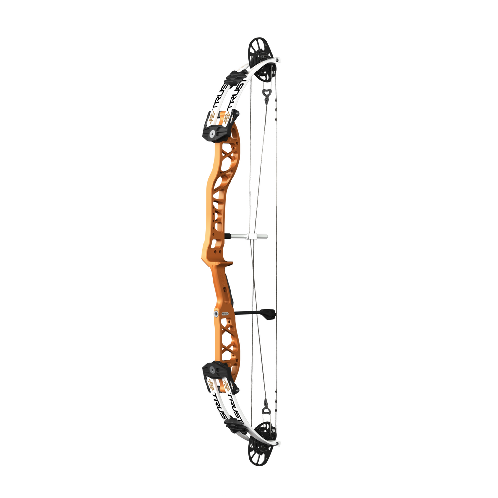 PSE Supra X Trust 37 M2 target compound bow, Tequila Sunrise riser, 45-degree view
