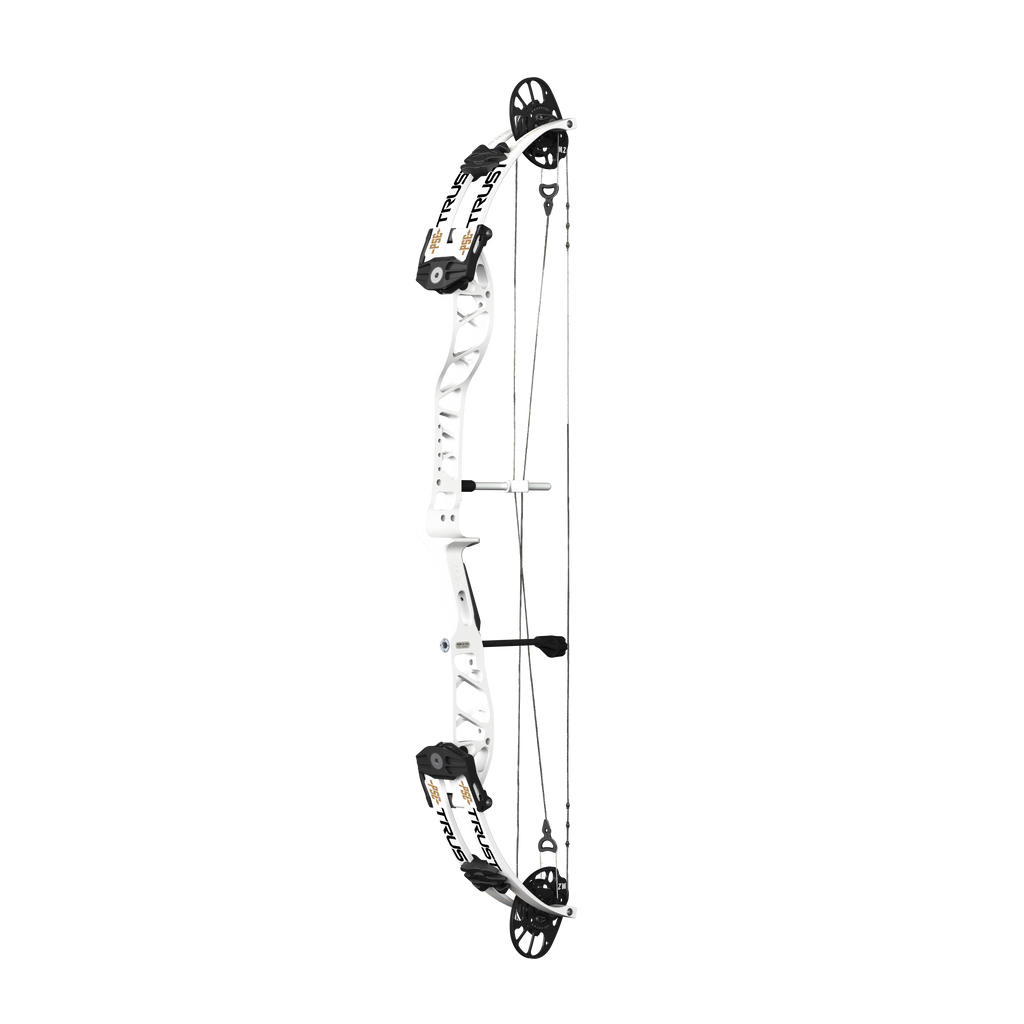 PSE Supra X Trust 37 M2 target compound bow, White riser, 45-degree view