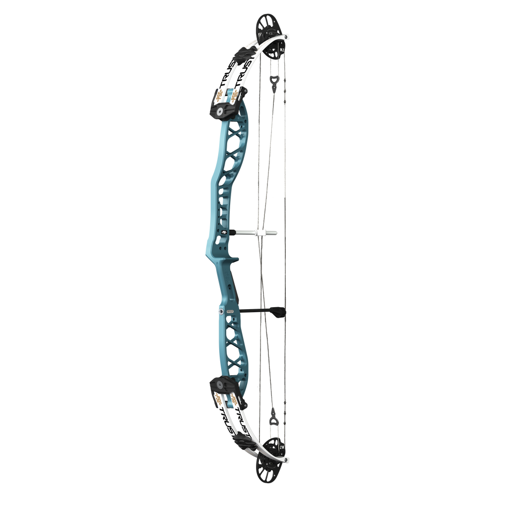 PSE Supra X Trust 40 M2 target compound bow, Aztec Teal riser, 45-degree view