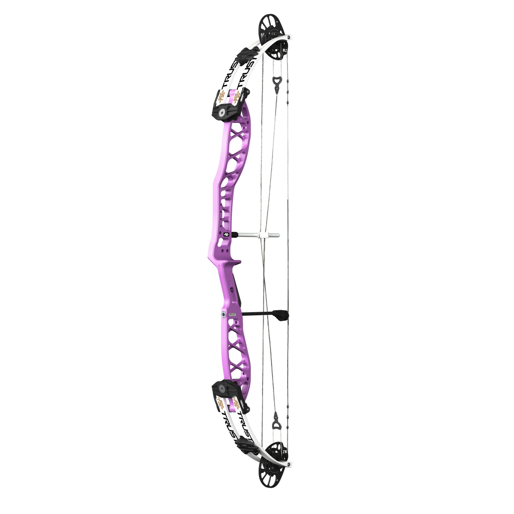 PSE Supra X Trust 40 M2 target compound bow, Purplexed riser, 45-degree view