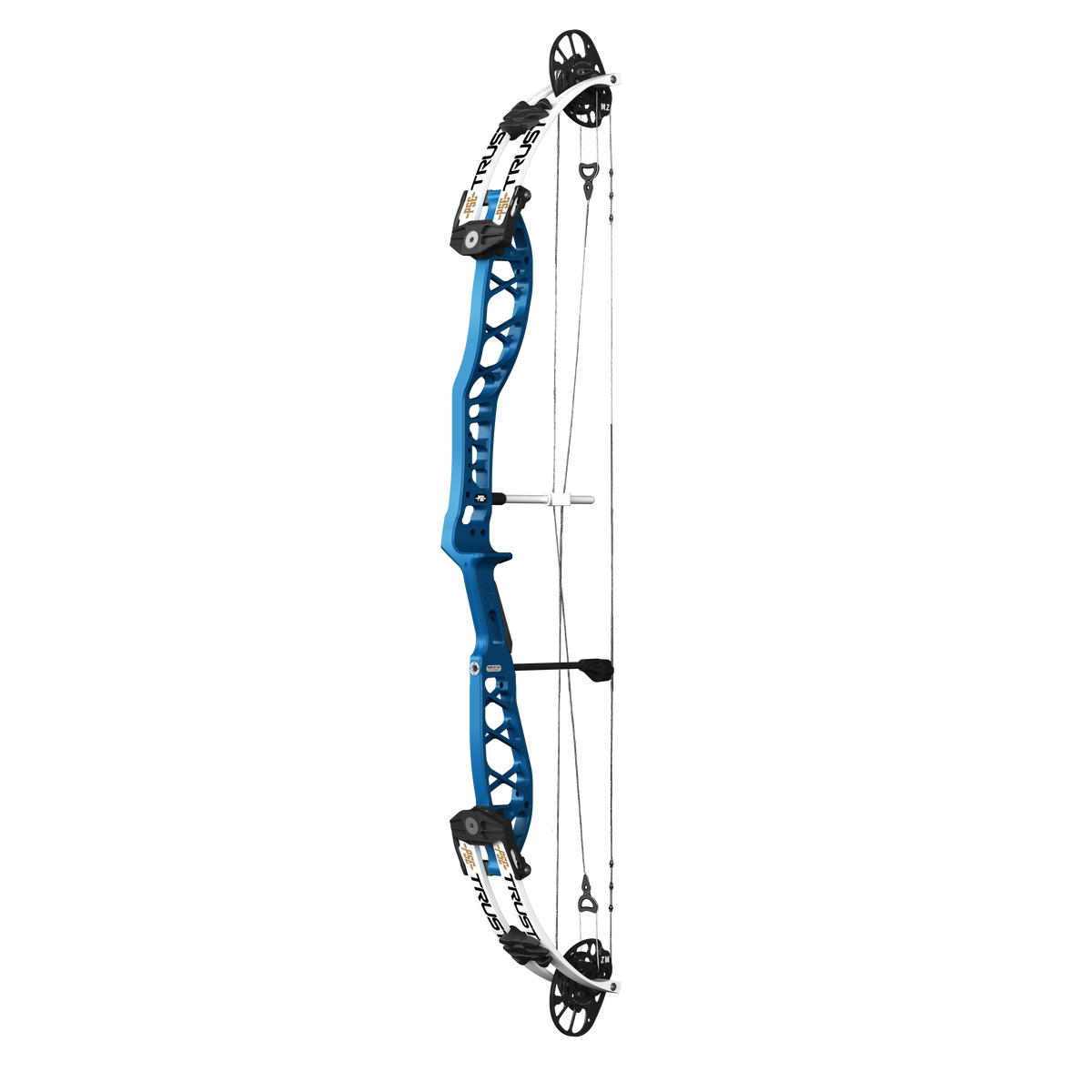 PSE Supra X Trust 40 M2 target compound bow, Ridgeway Blue riser, 45-degree view