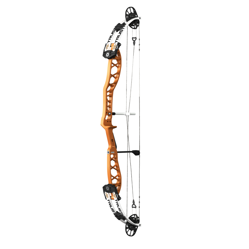 PSE Supra X Trust 40 M2 target compound bow, Tequila Sunrise riser, 45-degree view
