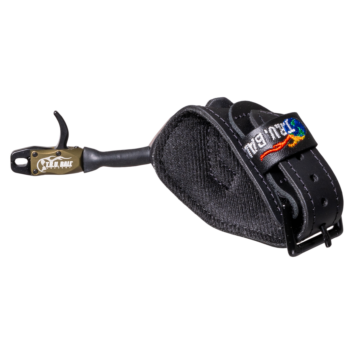 T.R.U. Ball Bandit release aid, Tactical Bowhunting Green head with black leather buckle strap, buckle side view