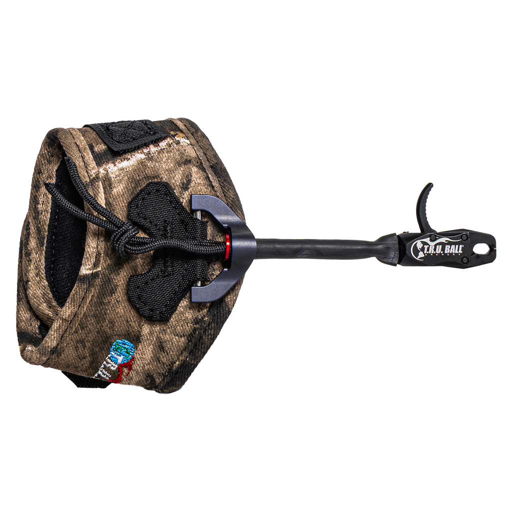 T.R.U. Ball Bandit release aid, black head with camo Velcro strap, outer strap view