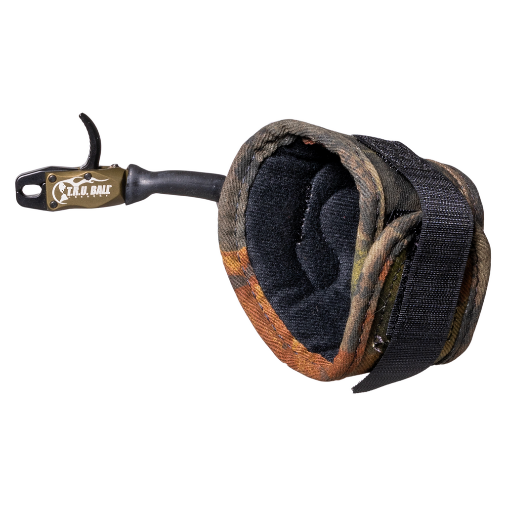 T.R.U. Ball Bandit release aid, Tactical Bowhunting Green head with camo Velcro strap, neoprene lining view