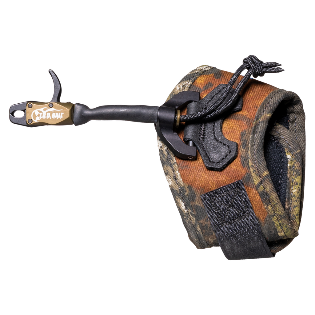T.R.U. Ball Bandit release aid, Tactical Bowhunting Green head with camo Velcro strap, strap and T-connector view
