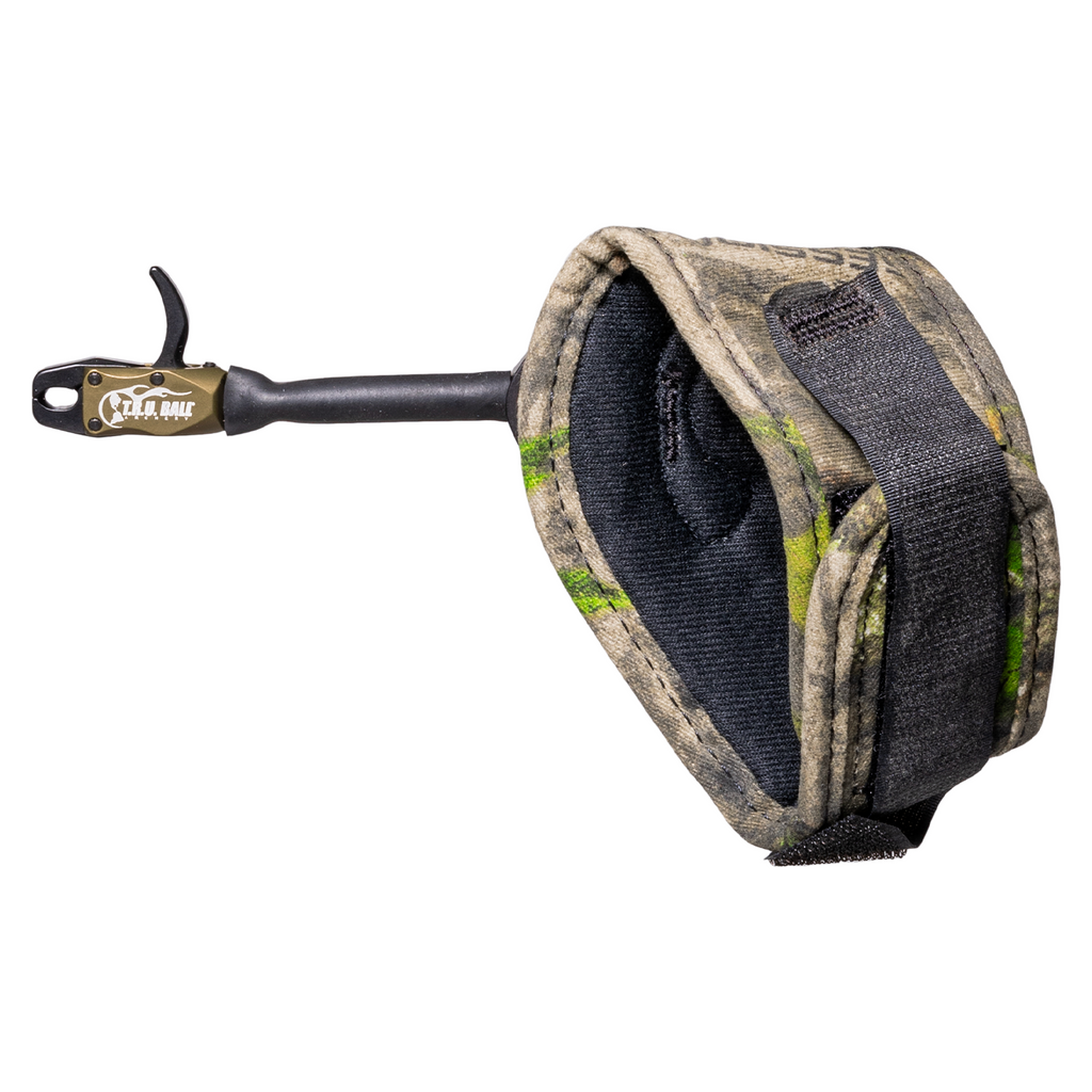T.R.U. Ball Bandit release aid, Tactical Bowhunting Green head with camo Velcro strap, X-Large strap view