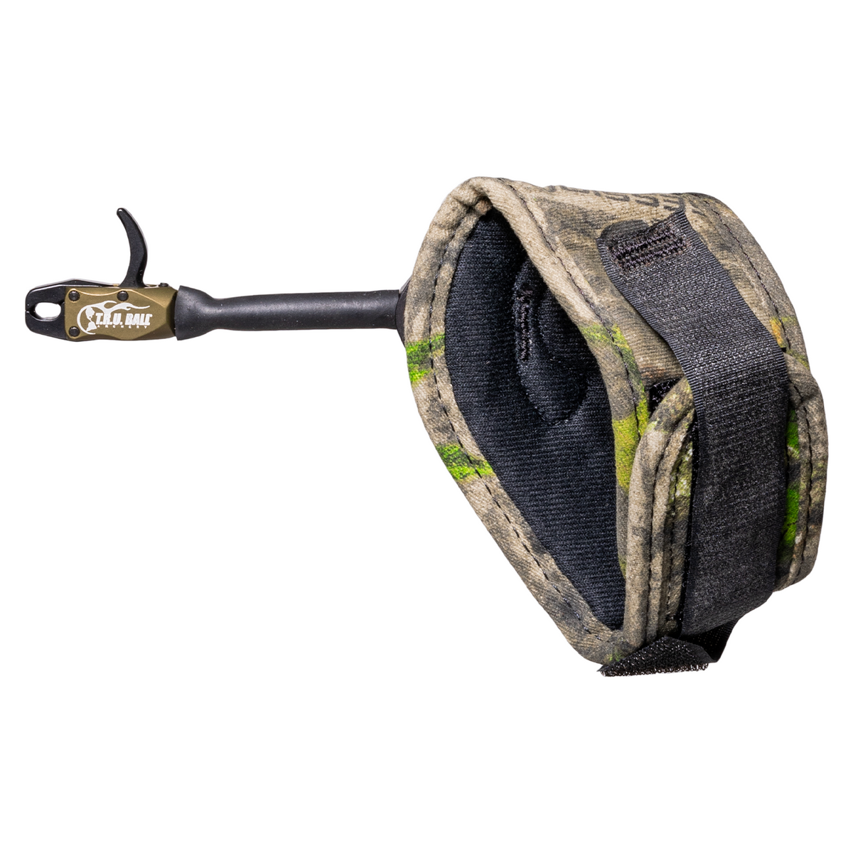 T.R.U. Ball Bandit release aid, Tactical Bowhunting Green head with camo Velcro strap, X-Large strap view