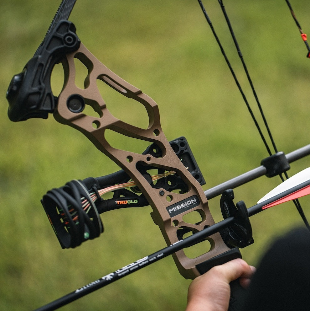 Bowhunter Kit rest and sight fitted to a Mission compound bow with an arrow nocked