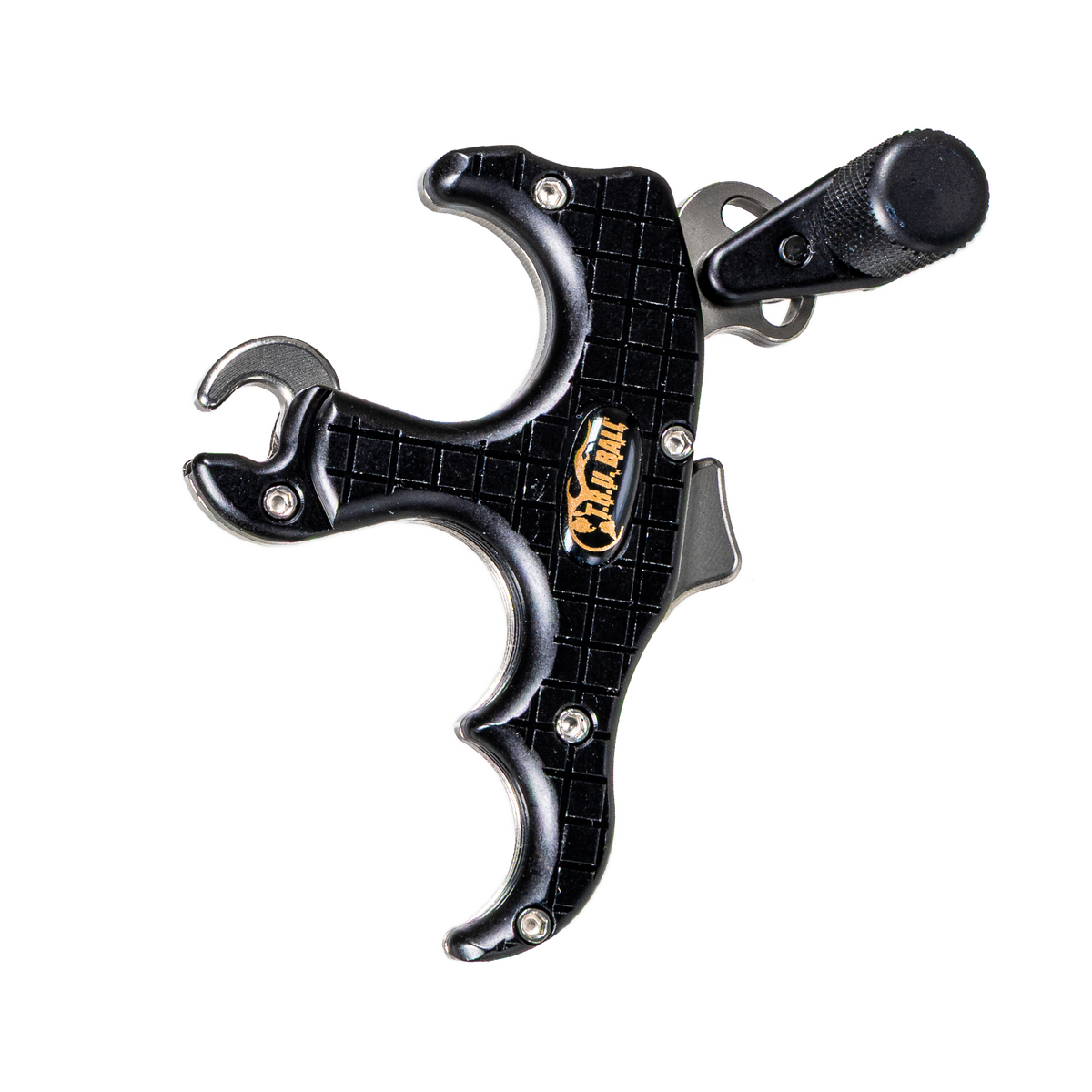 T.R.U. Ball Blade Pro Mini thumb release, Black / Quicksilver - three-finger body angled view
