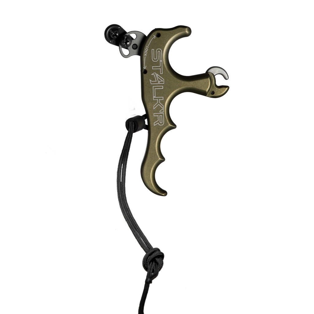 T.R.U. Ball Stalk'r release, Tactical Bowhunting Green, reverse view with STALK'R engraving and built-in lanyard