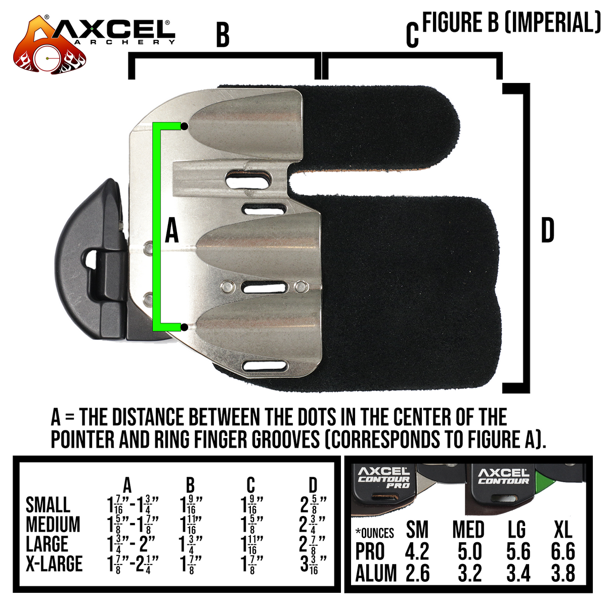 Axcel Contour finger tab size chart, imperial measurements