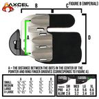 Axcel Contour tab size chart, imperial measurements A B C D and Contour Pro weights in ounces