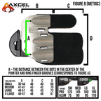 Axcel Contour tab size chart, metric measurements A B C D and Contour Pro weights in grams