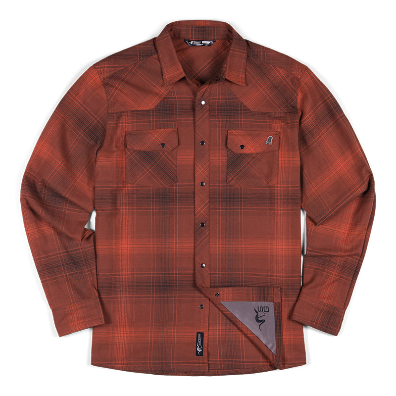 Stone Glacier Timber Butte Snap Shirt LS, Redstone Plaid, flat lay showing hidden sewn-in lens cloth
