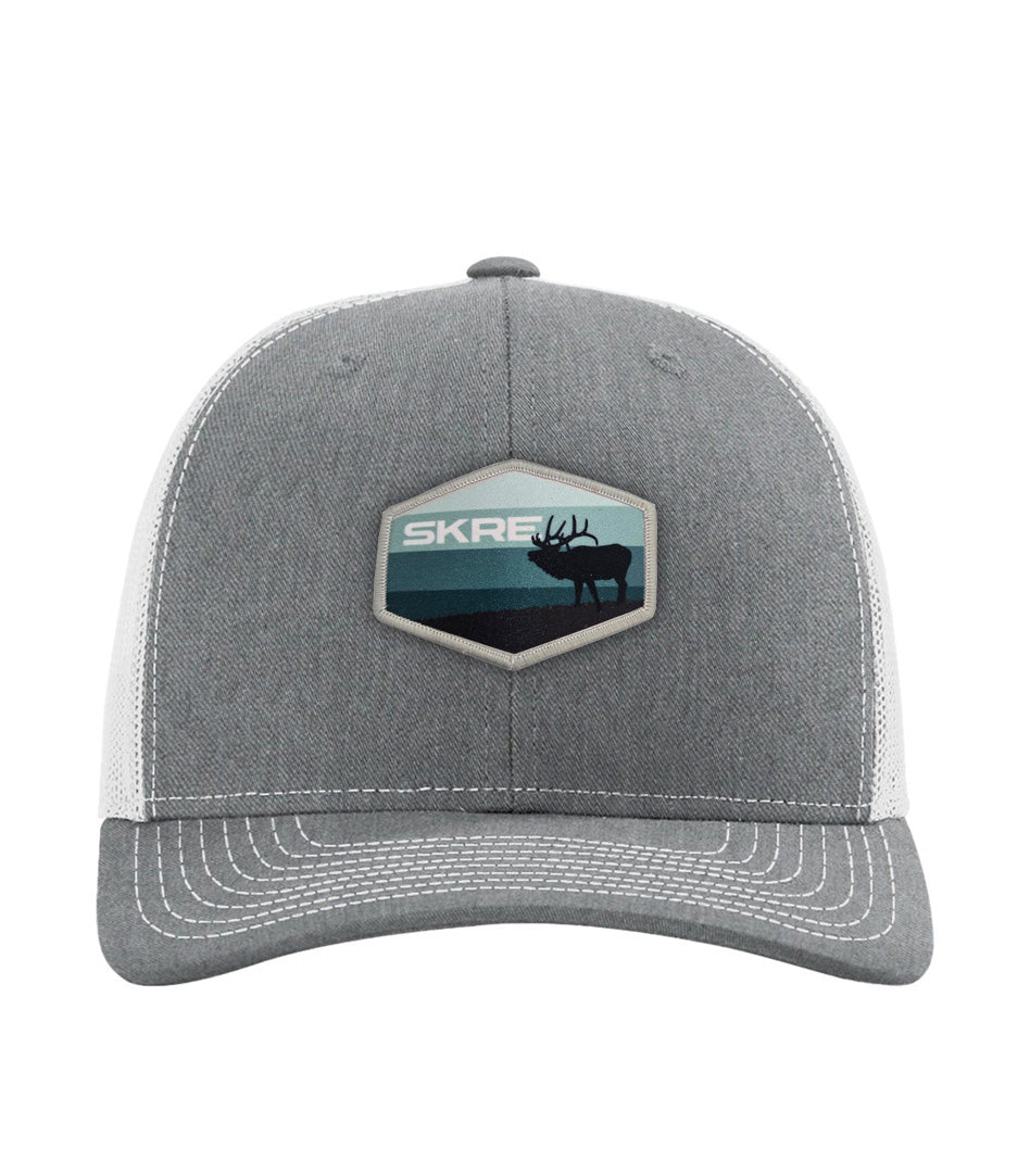 SKRE Trucker Blue Elk Patch Hat, heather grey and white