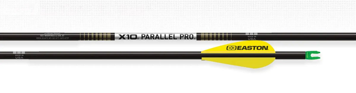 Easton X10 Parallel Pro 4mm arrow shafts, bare shaft and fletched detail