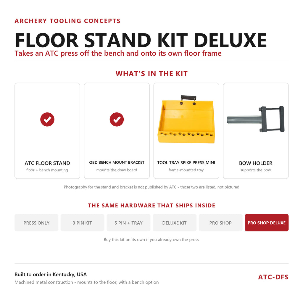 ATC Floor Stand Kit Deluxe - what is in the kit: ATC floor stand, QBD bench mount bracket, Tool Tray Spike Press Mini and bow holder