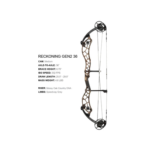 Bowtech Reckoning Gen2 36 (Medium Cam), Mossy Oak Country DNA finish, limbs shown in Speedway Grey