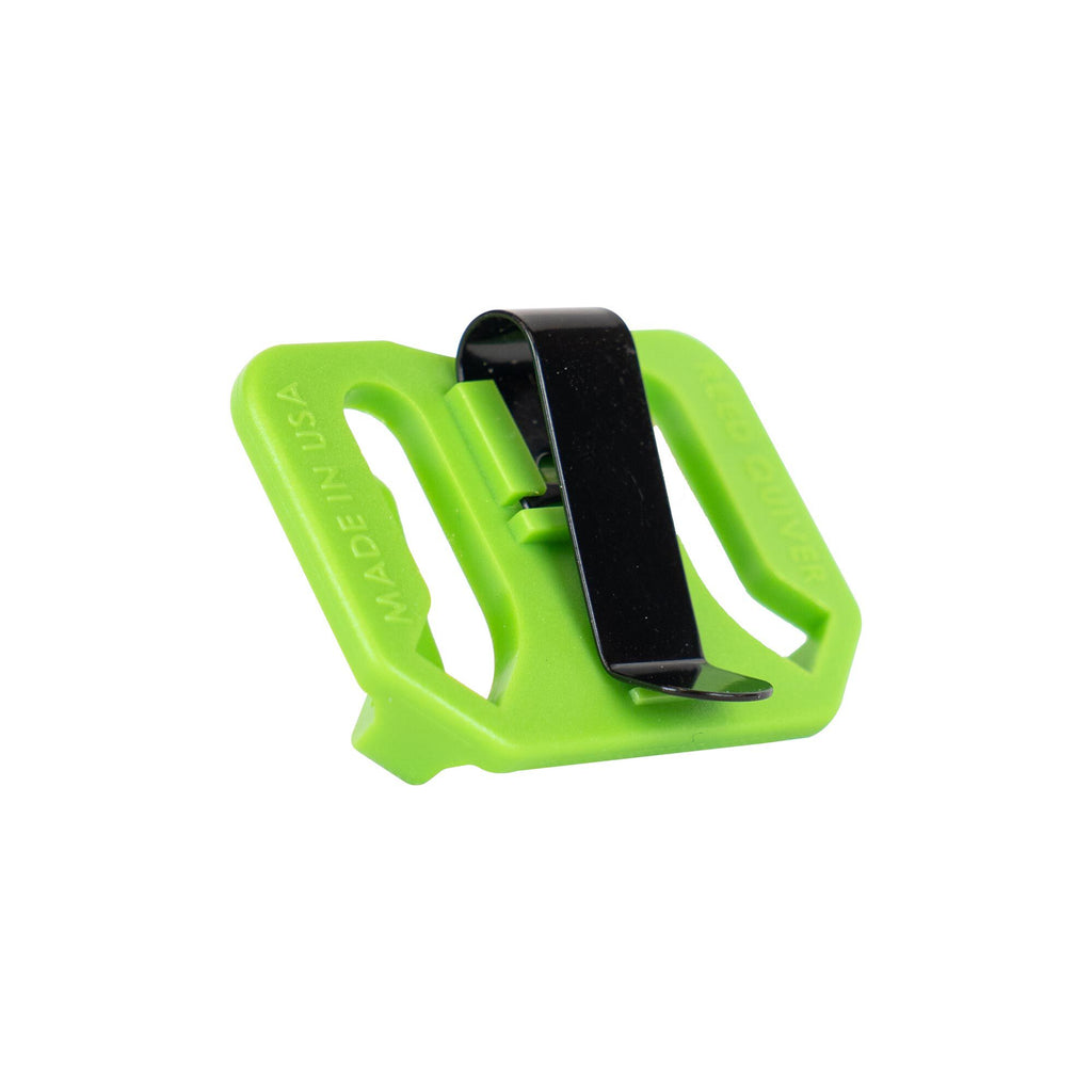 Phelps diaphragm hat clip in green, holding a mouth call