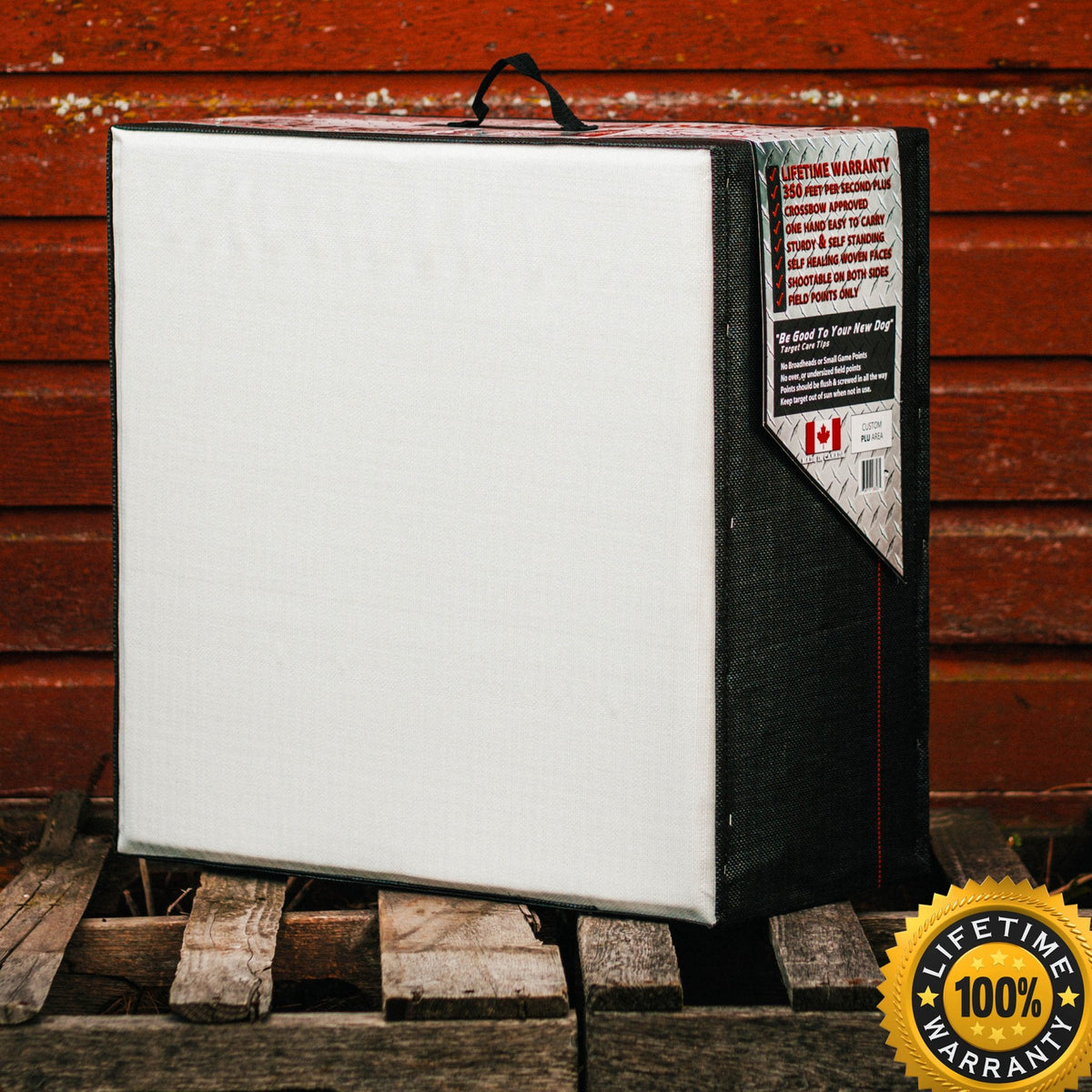 Doghouse FF archery target with Bulldog lifetime warranty seal