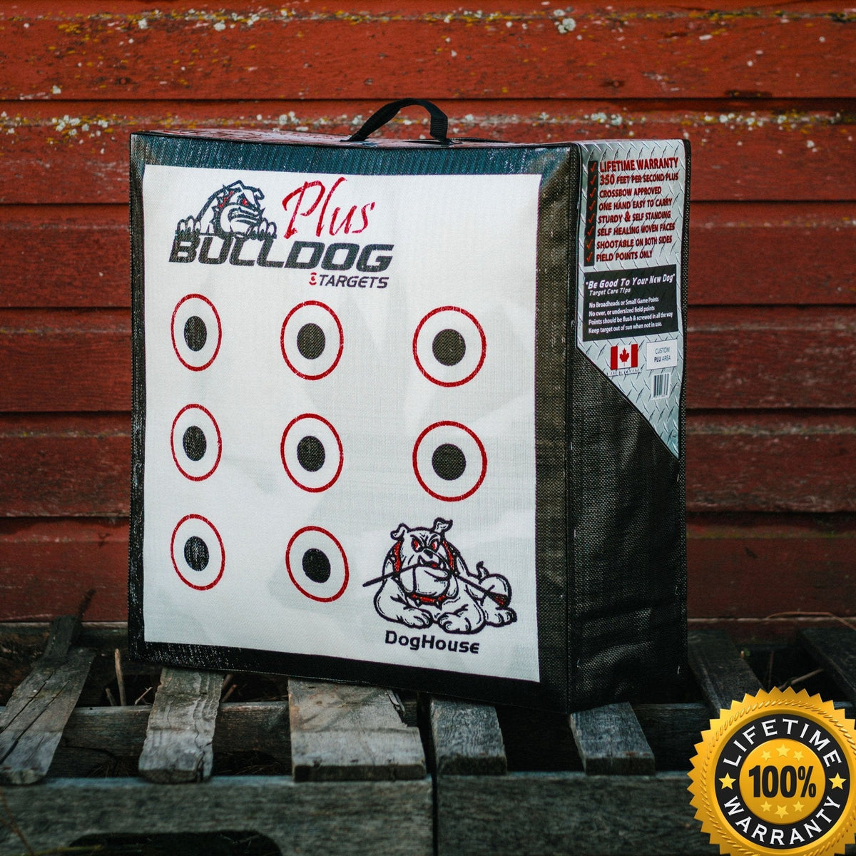 Doghouse FP archery target with Bulldog lifetime warranty seal