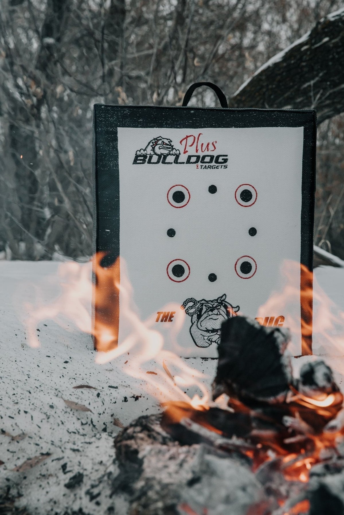 Doghouse Pug archery target beside a camp fire