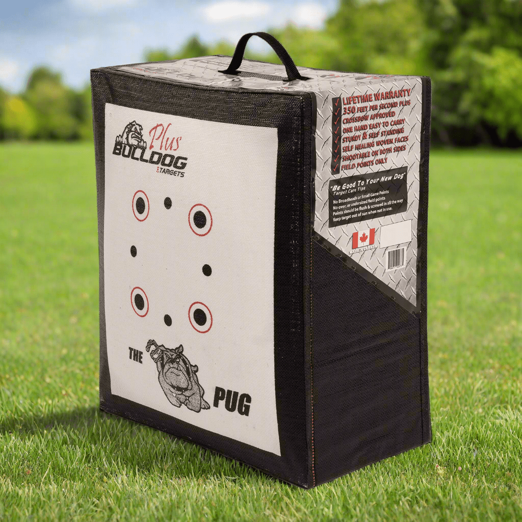 Doghouse Pug archery target standing on grass