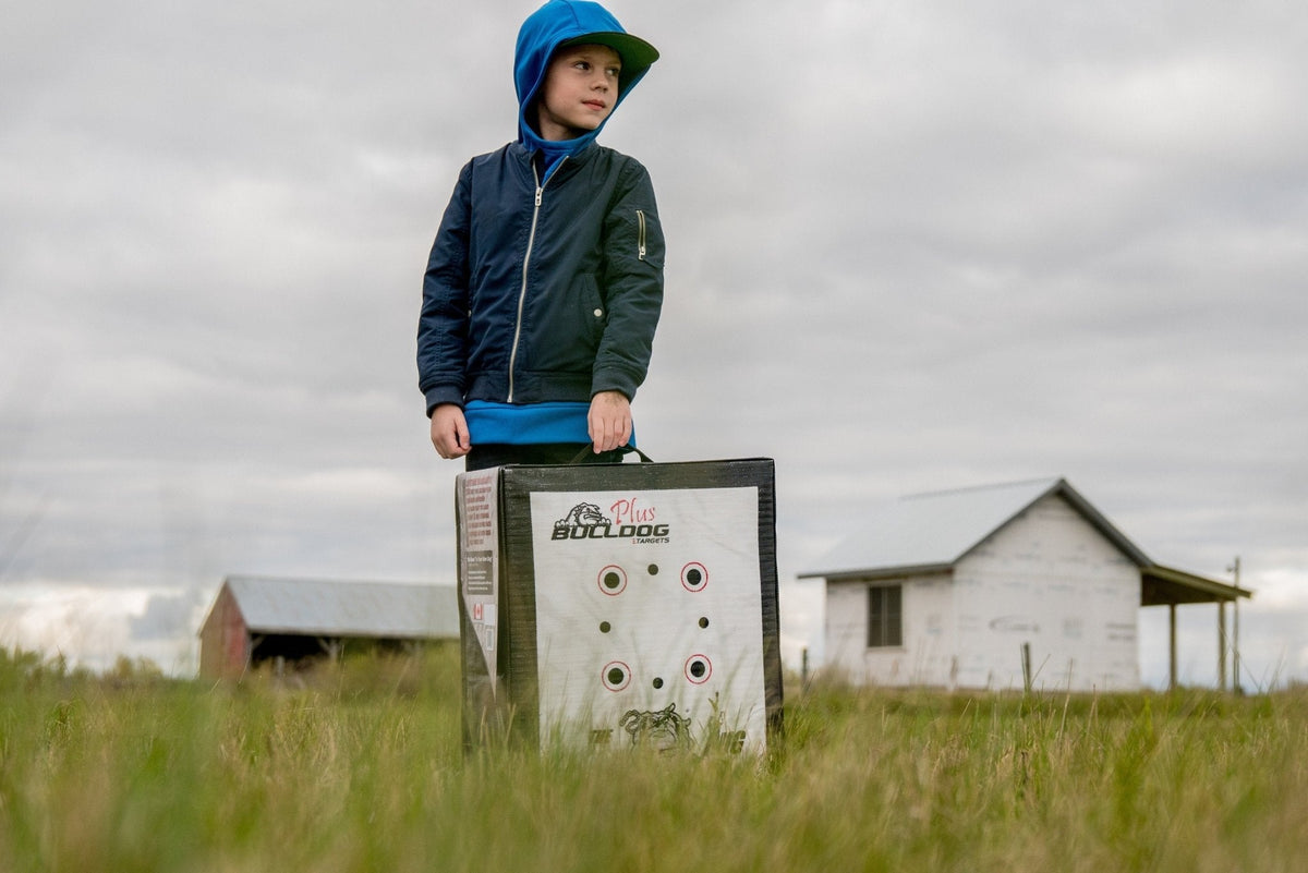Doghouse Pug archery target set up in a field