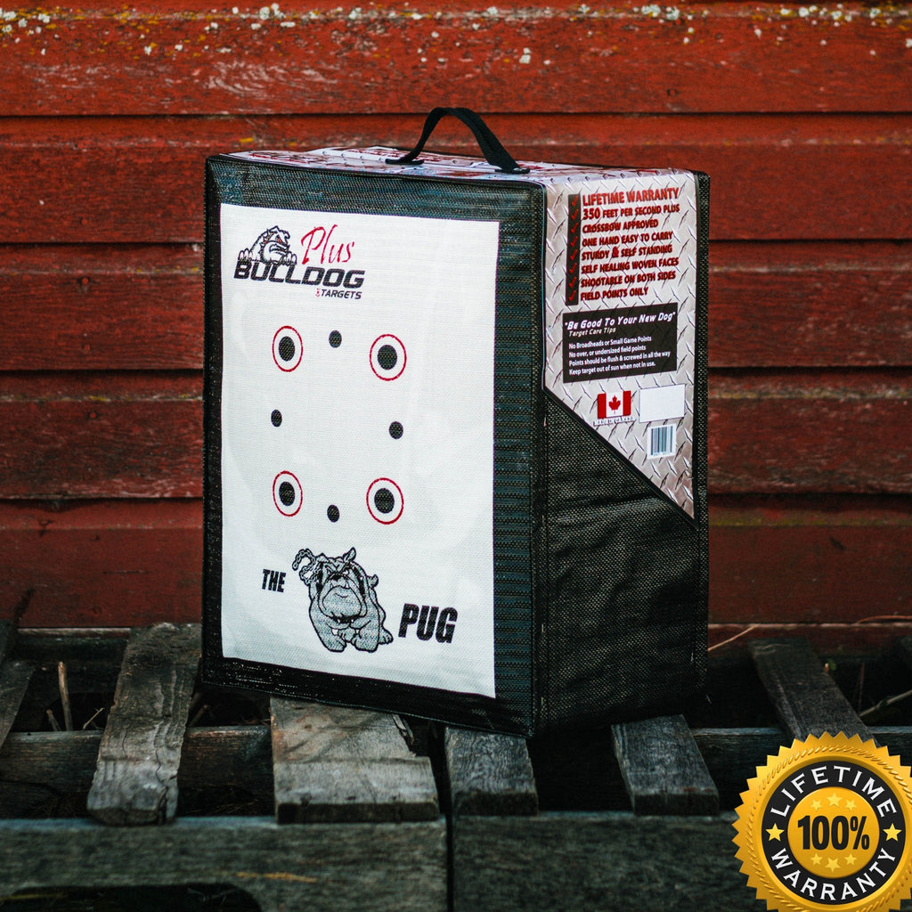 Doghouse Pug archery target with Bulldog lifetime warranty seal