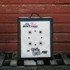 Doghouse Pug archery target, front three-quarter view