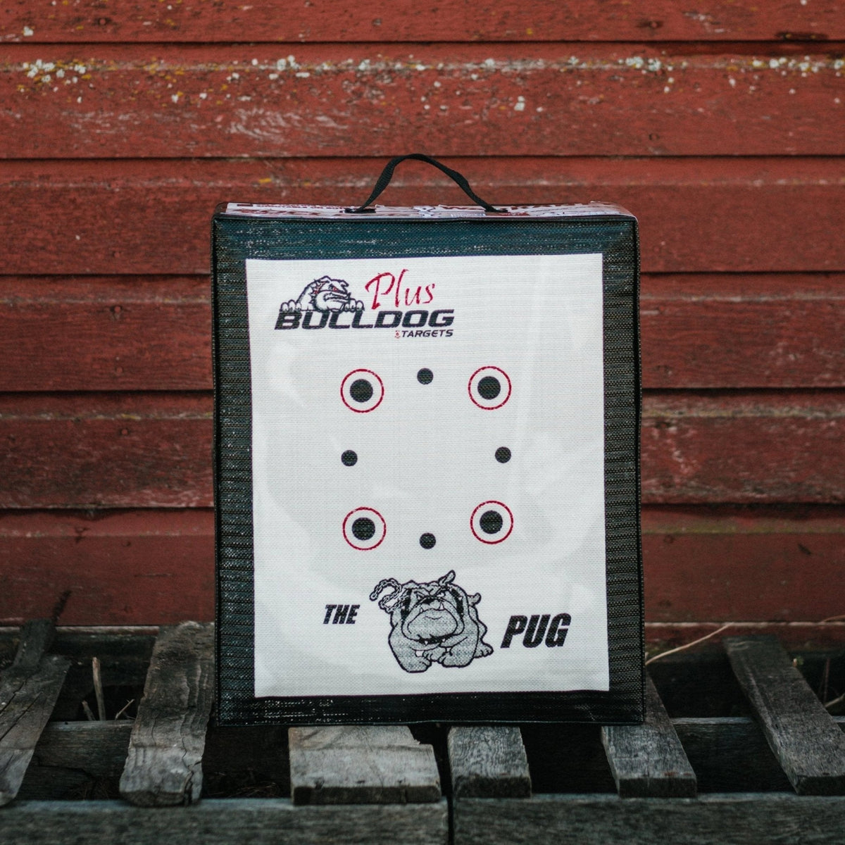 Doghouse Pug archery target, front three-quarter view