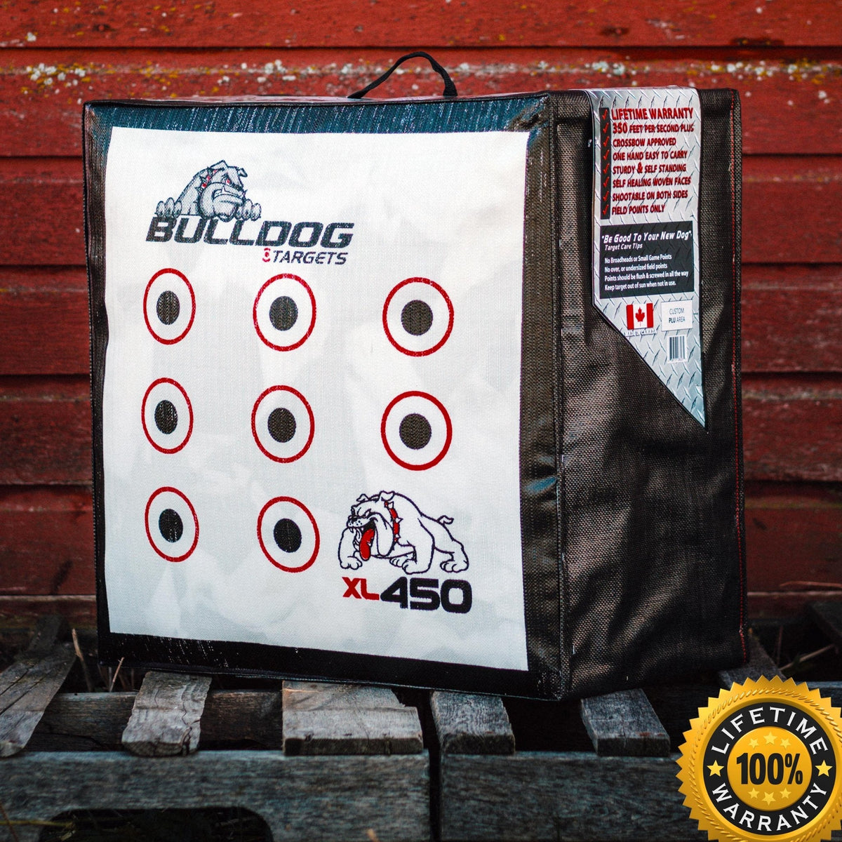 Doghouse XL 450 archery target with Bulldog lifetime warranty seal