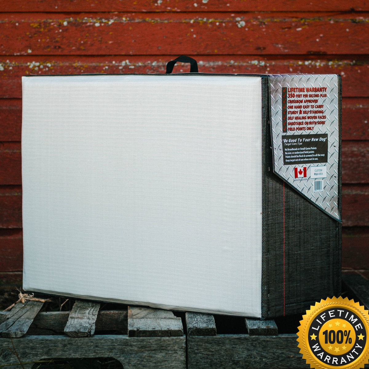 Double Dog FF archery target with Bulldog lifetime warranty seal