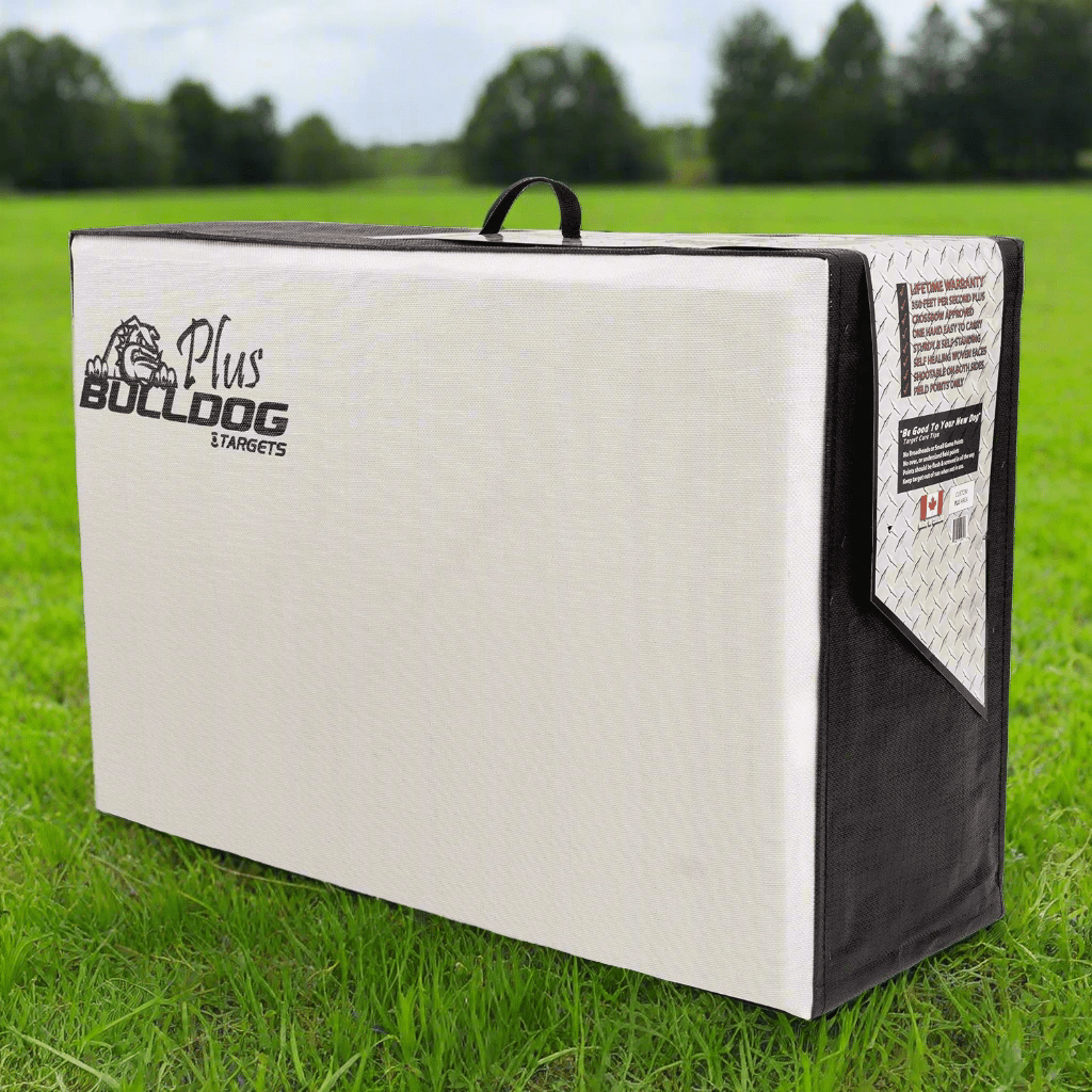 Double Dog FF archery target standing on grass