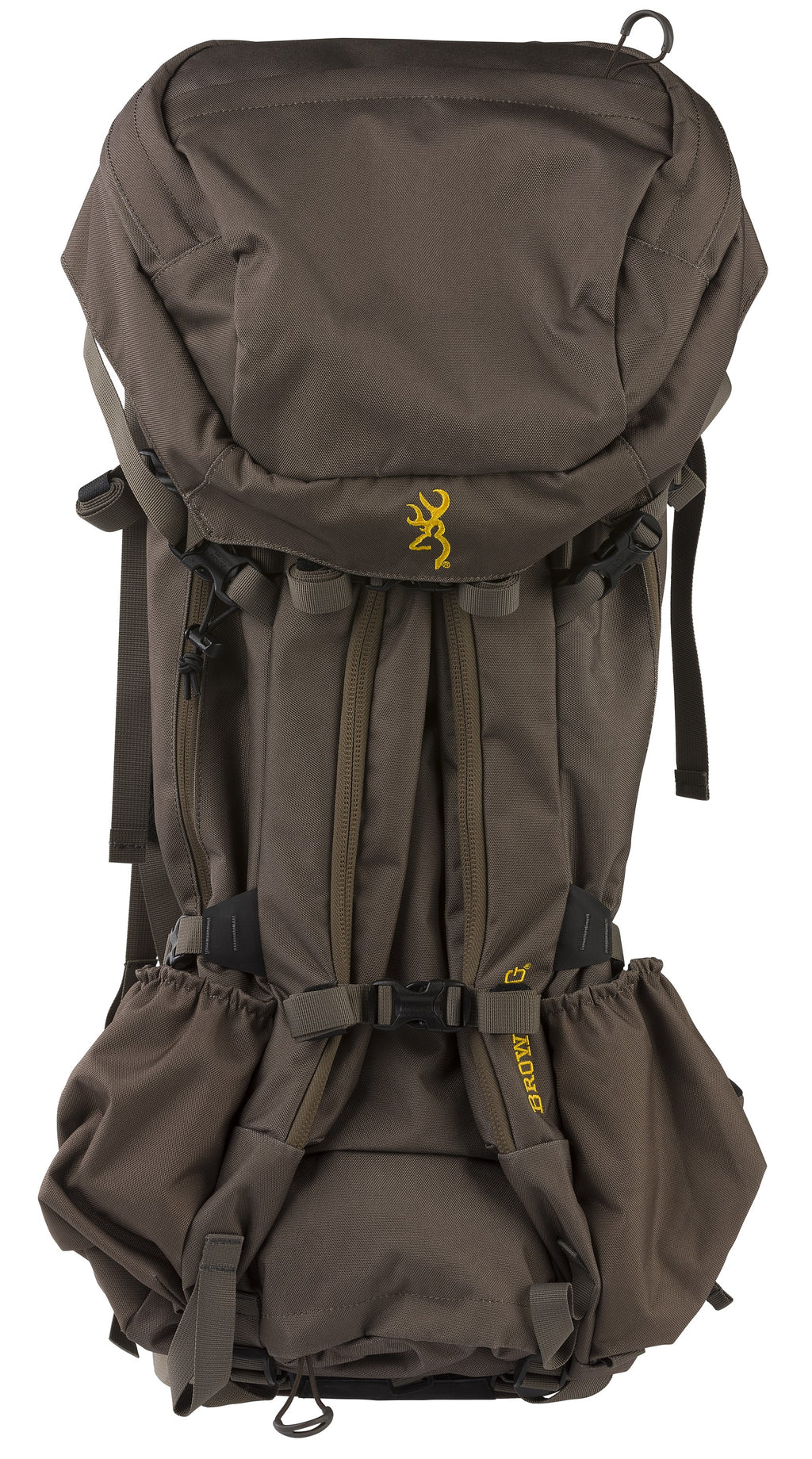 Front view of the Major Brown Browning Gannett 5500 pack showing the lid pocket and lower stretch pockets
