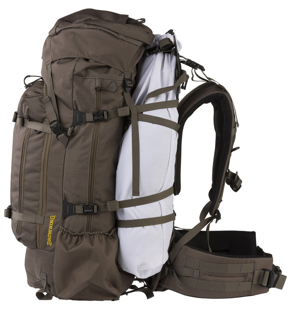 Browning Gannett 5500 pack loaded on its frame with a load strapped to the meat shelf