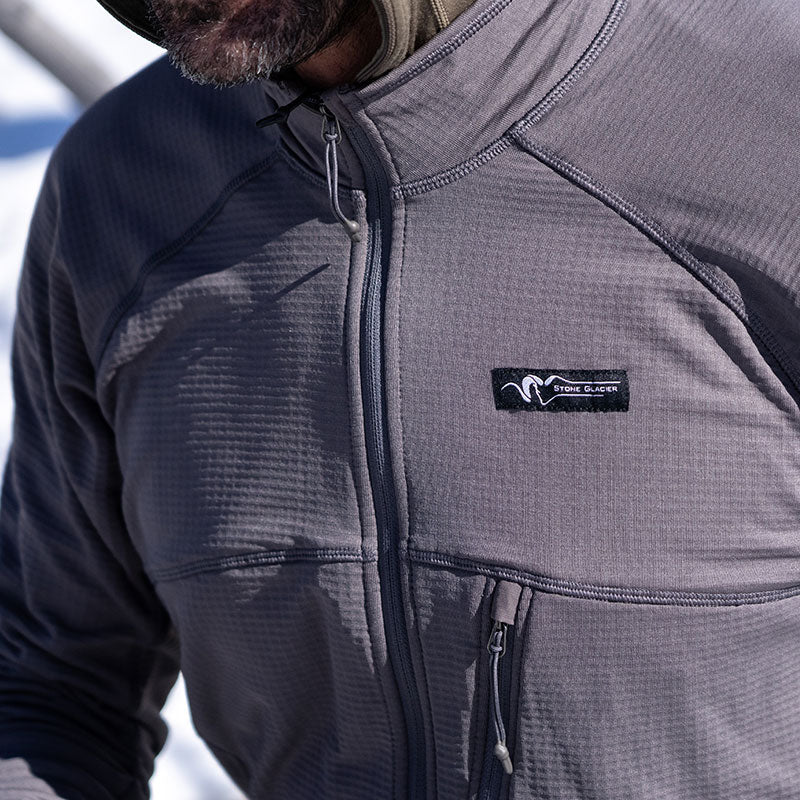 Stone Glacier Helio Pullover, Granite Grey, chest pocket and zip detail